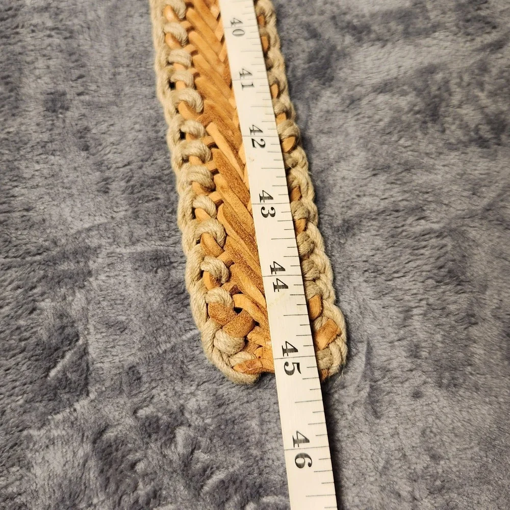 Boho Macrame Braided Leather Belt Tan Rope Chunky Brass Buckle Wide